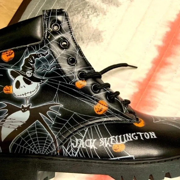 Jack Skellington Biker Style Black Boots 6.5 women’s - Picture 1 of 5